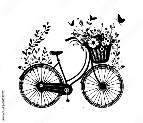 Romantic bike with spring flowers. Retro bike carrying basket, with flowers and plants.