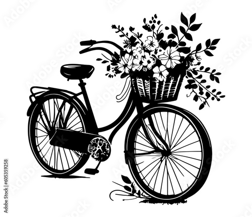 Romantic bike with spring flowers. Retro bike carrying basket, with flowers and plants.
