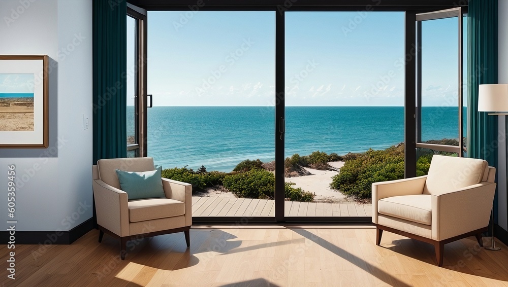 Obraz premium Living room with a view of the ocean, generative ai