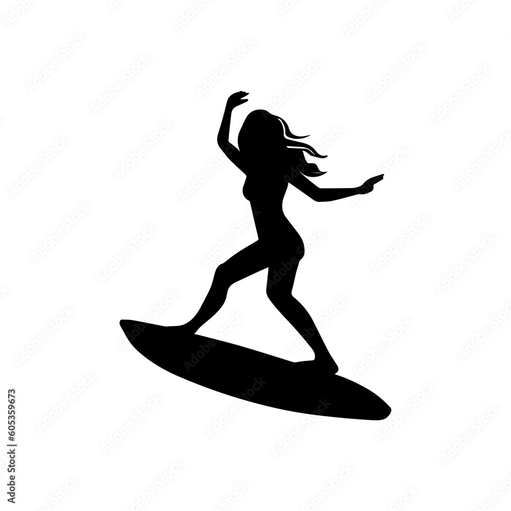 Vector illustration. Silhouette of a girl on a water board. Surfing. Summer.