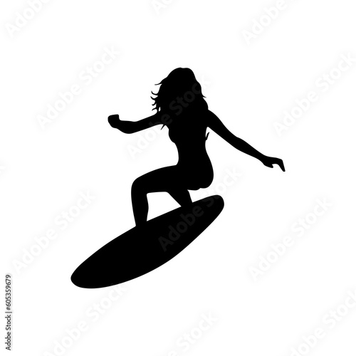 Vector illustration. Silhouette of a girl on a water board. Surfing. Summer.