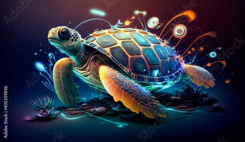 artwork illustration of colorful sea turtle isolated on black background. Generative AI © zamuruev