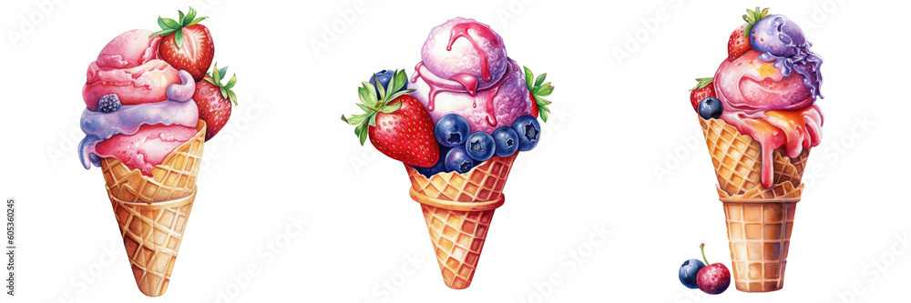 Fruity Ice cream in a cone isolated on white transparent background, PNG ,Generative AI Fruity Ice cream in a cone isolated on white transparent background, PNG ,Generative AI