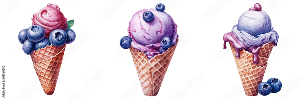 Blueberry Ice cream in a cone isolated on white transparent background ...