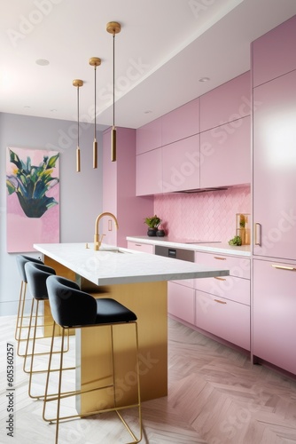 A kitchen with pink cabinets and gold accents. Generative AI image.