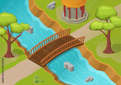isometric river with wooden bridge