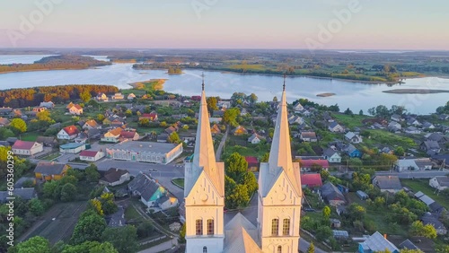 Aerial footage of a beautiful catholic church in Slabodka, Belarus