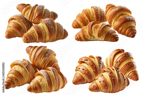 Set of delicious croissants, cut out. Based on Generative AI