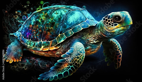artwork illustration of colorful sea turtle isolated on black background. Generative AI