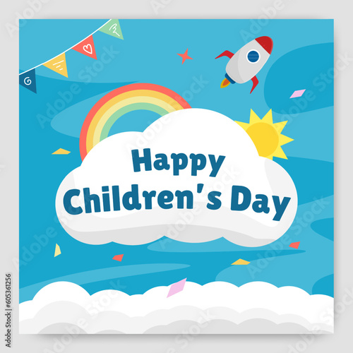 Happy childrens day celebration, rocket, cloud, sun, rainbow, Vector illustration