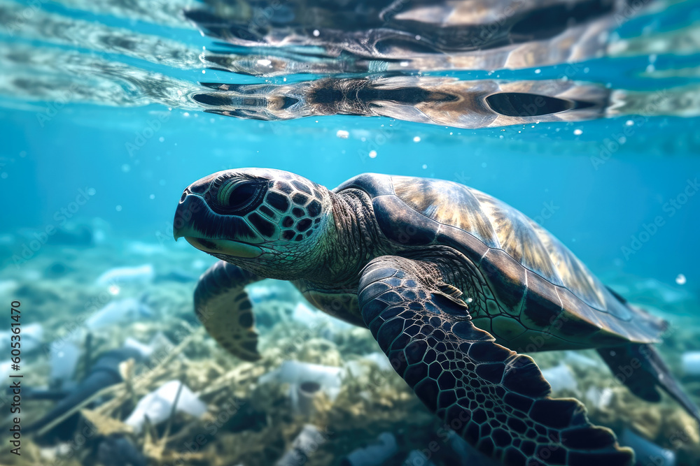 Fototapeta premium Sea turtle in the water swims among the debris. Generative AI