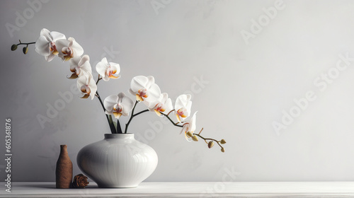 vase with orchids on the wall, copy space, mockup