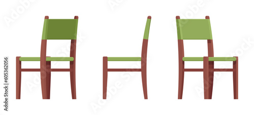 Wood dining chair, upholstered furniture set, natural brown, green. Fabric seat, backrest for cafe, restaurant classic modern interior. Vector flat style cartoon home office isolated, white background