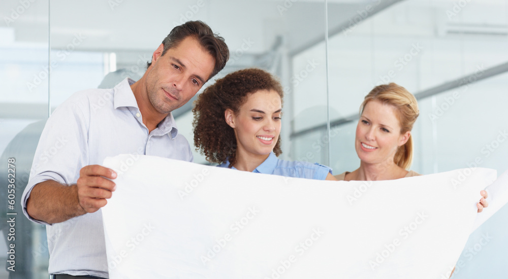 Business people, blueprint and planning in teamwork for construction, meeting or collaboration at office. Group or architect team looking at document, paperwork or floor plan for architecture project Business people, blueprint and planning in teamwork for construction, meeting or collaboration at office. Group or architect team looking at document, paperwork or floor plan for architecture project