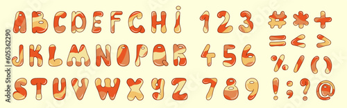 Cartoon alphabet, numbers, and symbols. Set of groovy letters. Vector.