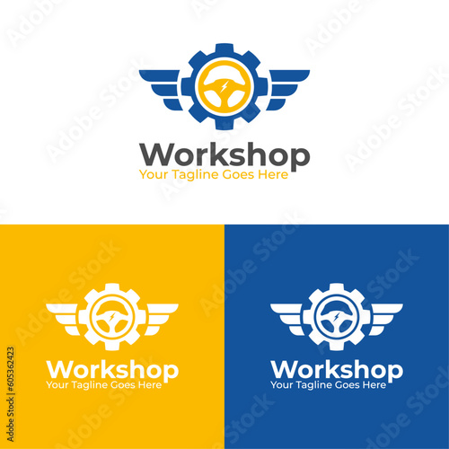 Gear Logo Graphic Design with wings and steering wheel inside. Workshop logo, motorcycle club, logo badge