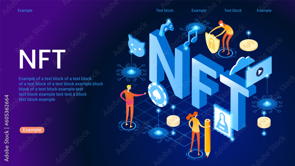 NFT token in blockchain technology in digital crypto art. A non-fungible token with intellectual property aspects. Vector illustration concepts for website development. NFT token in blockchain technology in digital crypto art. A non-fungible token with intellectual property aspects. Vector illustration concepts for website development.