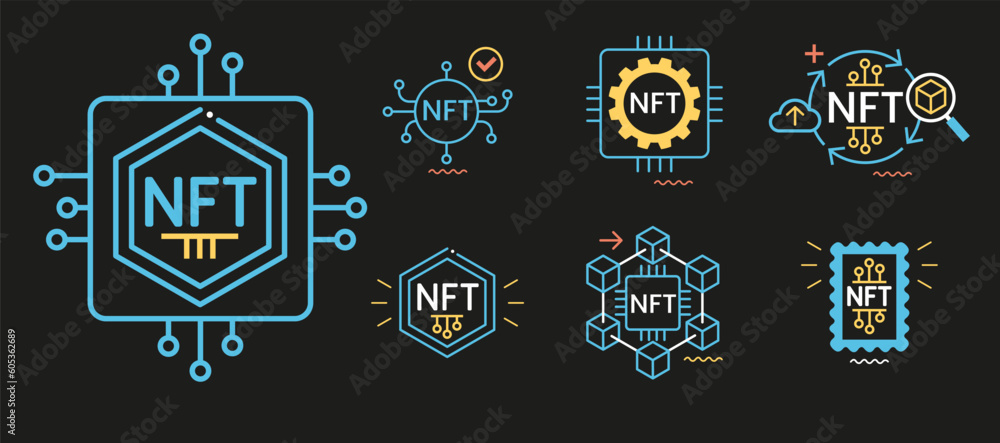 NFT token in blockchain technology in digital crypto art. A non-fungible token with intellectual property aspects. Vector illustration concepts for website development. NFT token in blockchain technology in digital crypto art. A non-fungible token with intellectual property aspects. Vector illustration concepts for website development.