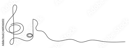 Treble clef and musical note one line art, hand drawn continuous contour. Artistic creative concept, minimalist template design. Editable stroke. Isolated. Vector illustration