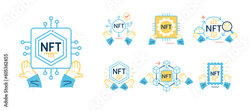 NFT token in blockchain technology in digital crypto art. A non-fungible token with intellectual property aspects. Vector illustration concepts for website development.