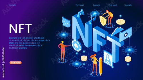 NFT token in blockchain technology in digital crypto art. A non-fungible token with intellectual property aspects. Vector illustration concepts for website development.