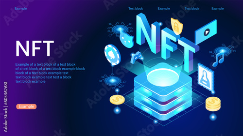 NFT token in blockchain technology in digital crypto art. A non-fungible token with intellectual property aspects. Vector illustration concepts for website development.