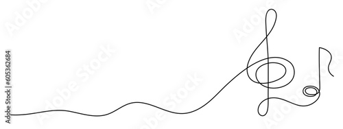 Treble clef and musical note one line art, hand drawn continuous contour. Artistic creative concept, minimalist template design. Editable stroke. Isolated. Vector illustration