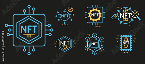 NFT token in blockchain technology in digital crypto art. A non-fungible token with intellectual property aspects. Vector illustration concepts for website development.