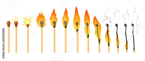 Burn matches stages burned flame matchstick row wood ignition isometric vector illustration