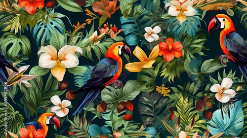 Seamless tropical background with parrots, flowers, and leaves