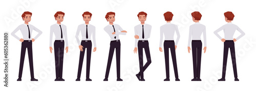 Business consultant professional male set, handsome man different standing poses. Office boy, young manager in formal work wear. Vector flat style cartoon character isolated on white background