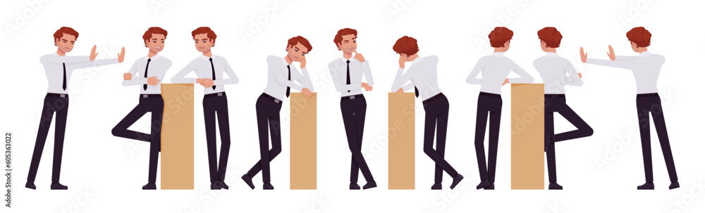 Fototapeta premium Business consultant professional male set, handsome man different leaning poses. Office boy, young manager in formal work wear. Vector flat style cartoon character isolated on white background
