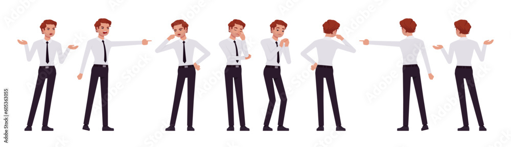 Business consultant professional male set, handsome man different negative emotions. Office boy, young manager in formal work wear. Vector flat style cartoon character isolated on white background