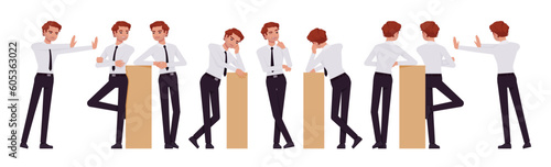 Business consultant professional male set, handsome man different leaning poses. Office boy, young manager in formal work wear. Vector flat style cartoon character isolated on white background