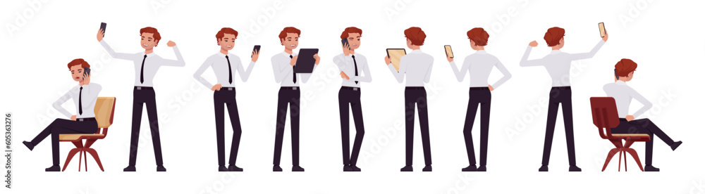Business consultant professional male set, handsome man holding different gadget poses. Office boy, young manager in formal work wear. Vector flat style cartoon character isolated on white background