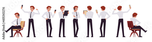 Business consultant professional male set, handsome man holding different gadget poses. Office boy, young manager in formal work wear. Vector flat style cartoon character isolated on white background