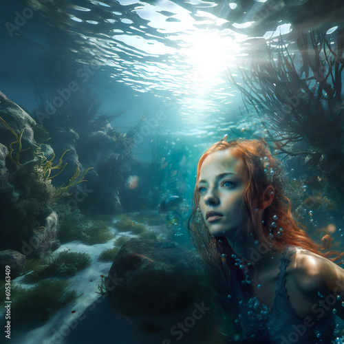 Portrait einer Meerjungfrau unter Wasser  - mit generativer KI Midjourney erstellt © fotofrank