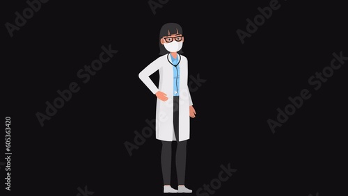 High resolution 2d cartoon female character in doctor outfit with face mask talking on alpha channel background in seamless loop.