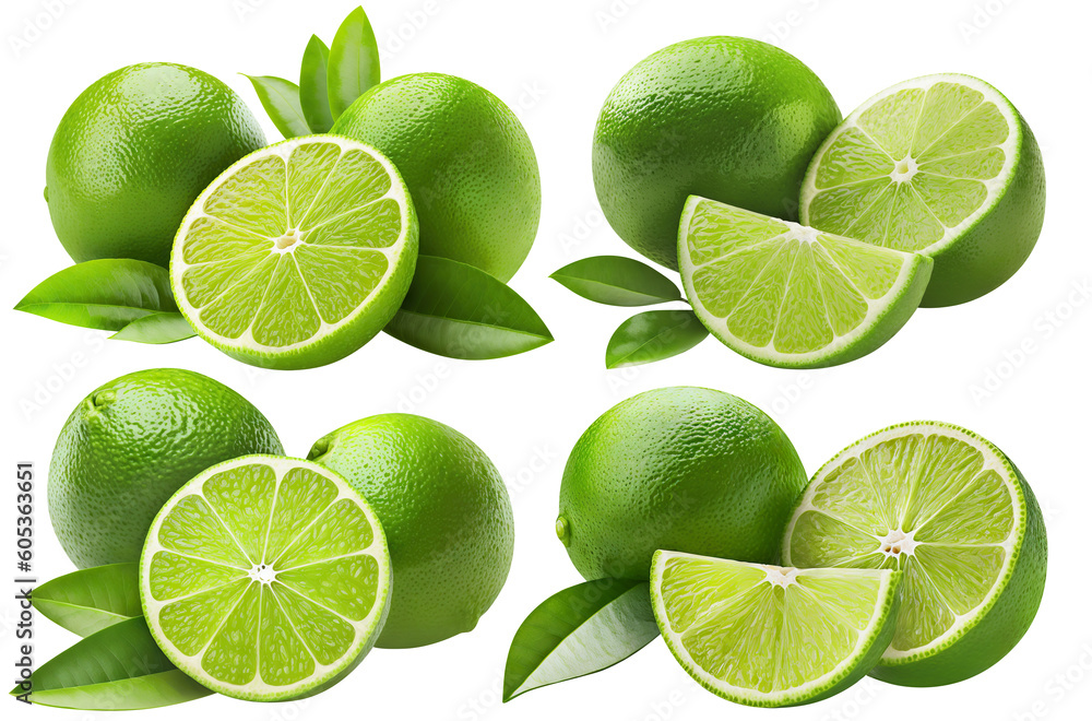 Set of delicious lime fruits, cut out. Based on Generative AI