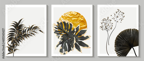 Art wallpaper with tropical leaves. Modern creative design golden texture for home decor, banners, and prints. Vector illustration.
