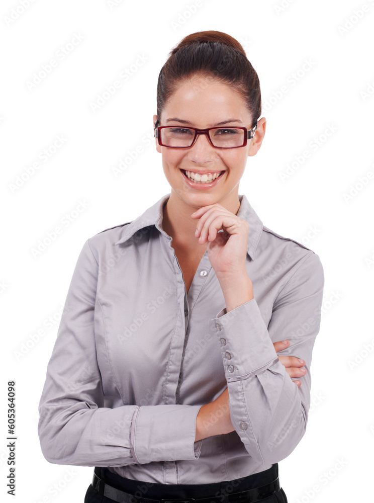 Studio portrait, smile and business woman happy for professional legal work, law firm success or job development. Paralegal, attorney pride and confident female lawyer isolated on white background