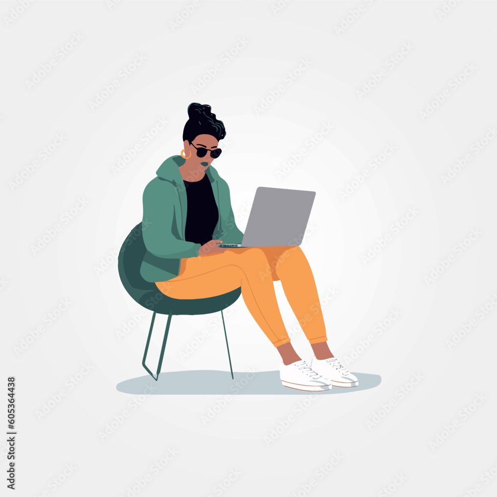 woman sitting working with notebook on her lap, vector illustration woman sitting working with notebook on her lap, vector illustration