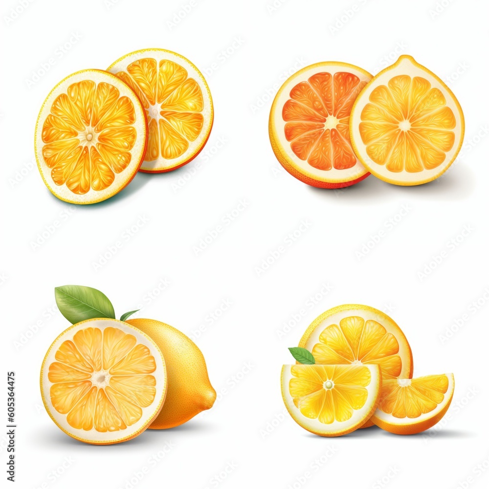 Lemon and orange cut in half with a white background