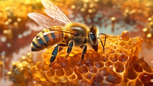 Bees collect honey in honeycombs. Bee hive with honey. Art composition. Created with AI. 