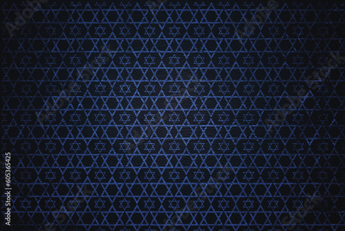 Jewish pattern composed of blue stars of david on a deep blue eco leather background, israel, jewish symbols, ornament, print