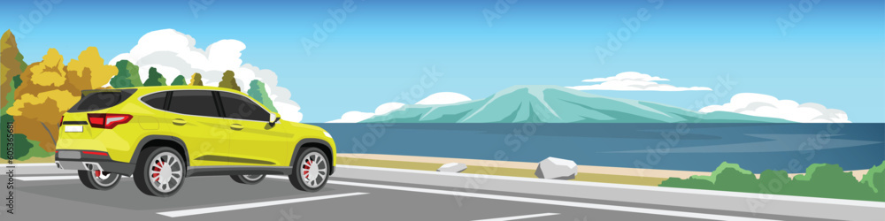 SUV car parking lot in front of the beach for banner. Family car for travel. Asphalt road near the sea beach. Background with beautiful trees and green grass. Copy Space Flat Vector Illustration. SUV car parking lot in front of the beach for banner. Family car for travel. Asphalt road near the sea beach. Background with beautiful trees and green grass. Copy Space Flat Vector Illustration.
