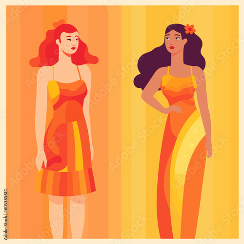 Colorful Vector Illustration of Bold Queer, LGBTQ+ concept Bisexual couple standing in front of rainbow like background in flat cartoon style. Love concept, gay parade, pride month