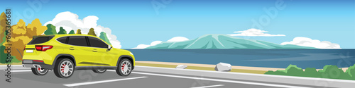 Fototapeta Naklejka Na Ścianę i Meble -  SUV car parking lot in front of the beach for banner. Family car for travel.  Asphalt road near the sea beach. Background with beautiful trees and green grass. Copy Space Flat Vector Illustration.