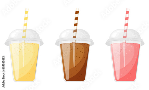 Banana, strawberry and chocolate milkshake in plastic cup with straw collection.