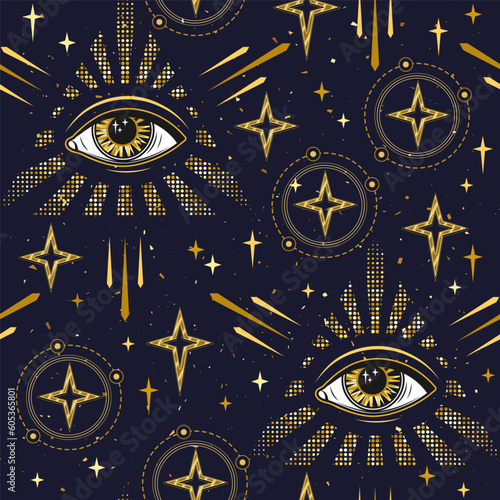 Pattern with all seeing eye, eye of providence in pyramid Concept of harmony of universe, wisdom, knowledge, extended mind. Psychedelic surreal illustration. Good for groovy, hippie, mystical style.